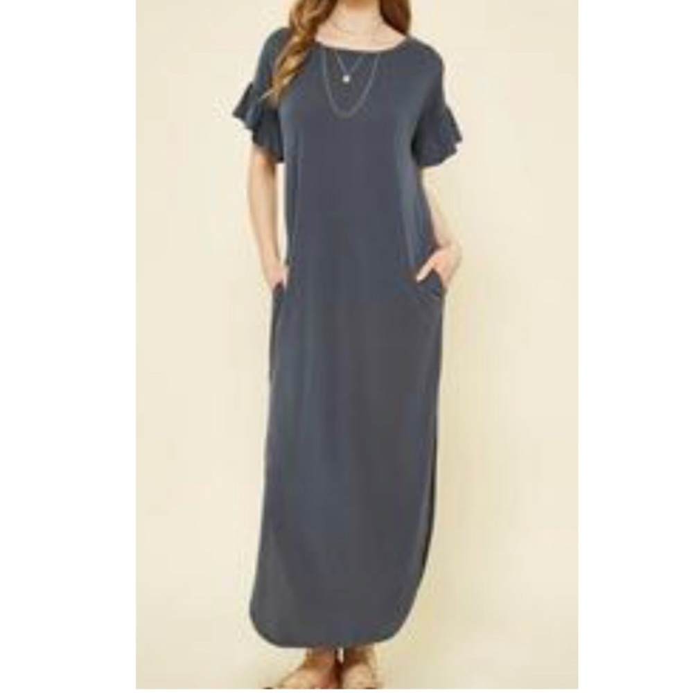 Neutral gray grey ruffle sleeve pocket maxi dress
